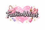 FashionVelvet logo with pink heart, handbag, lipstick, and nail polish on a white background