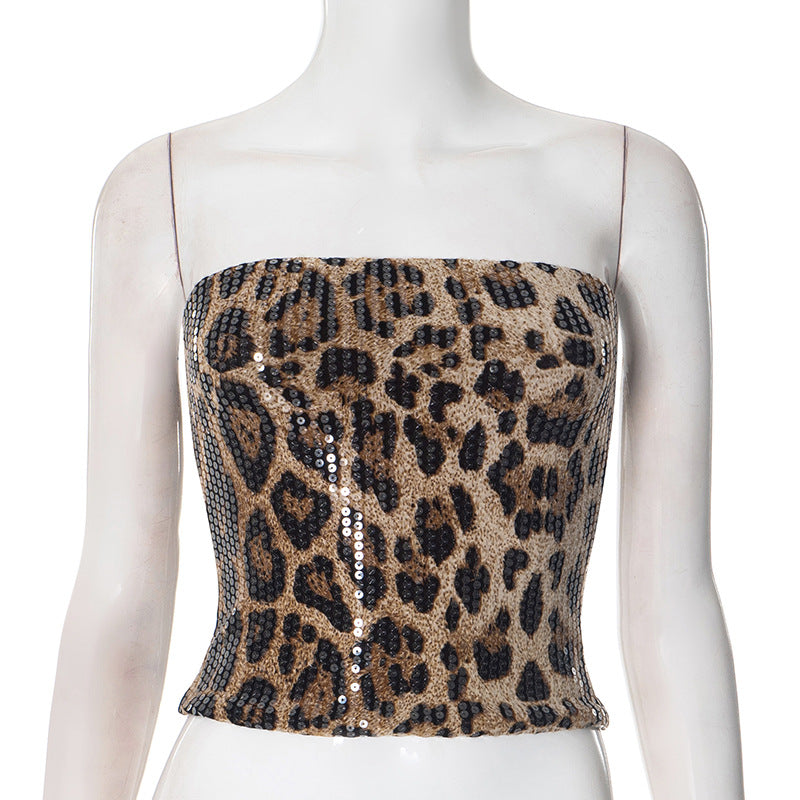 Leopard Navel Tube Sequin Slim Fit Top