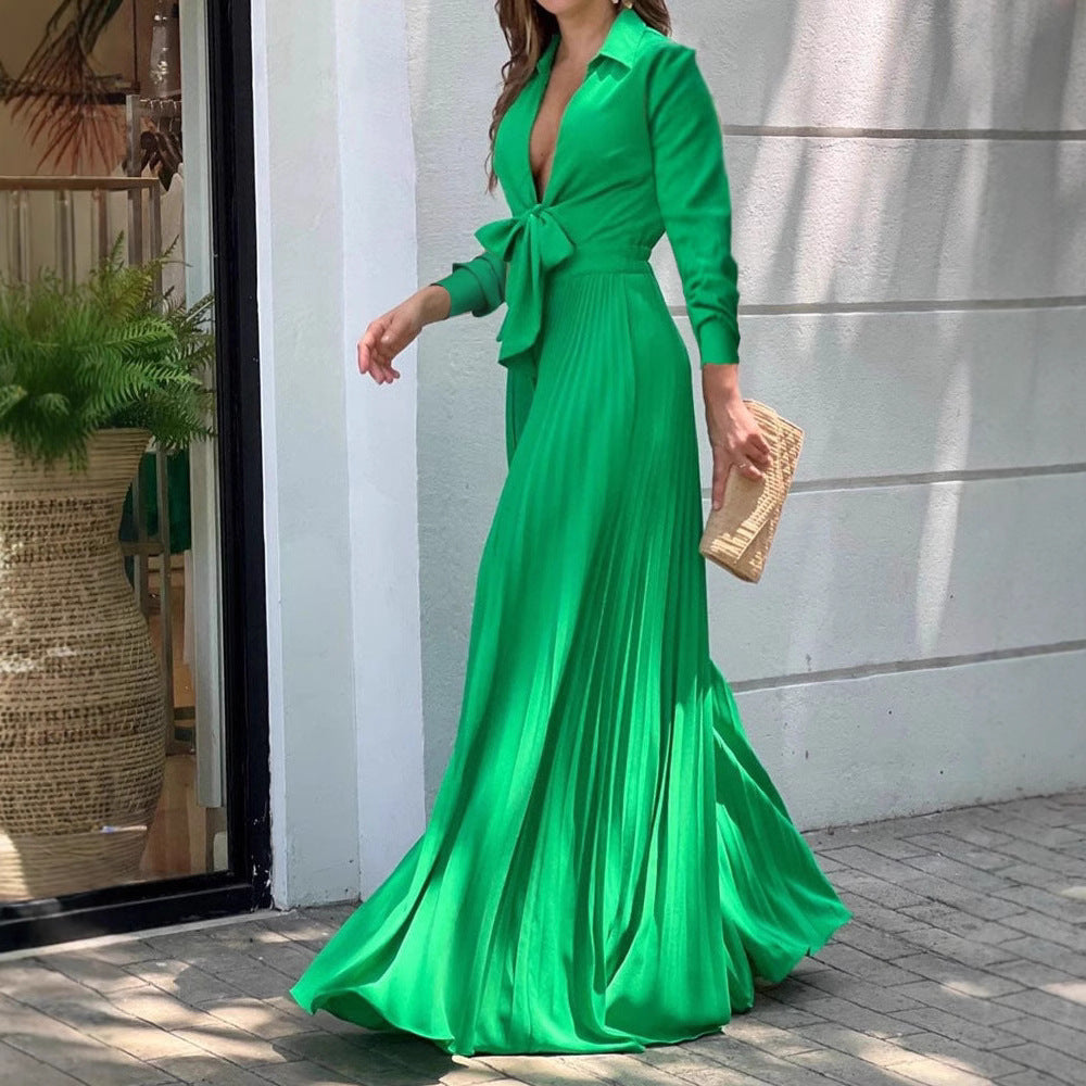 V-Neck Long Sleeve Wide Leg Dress