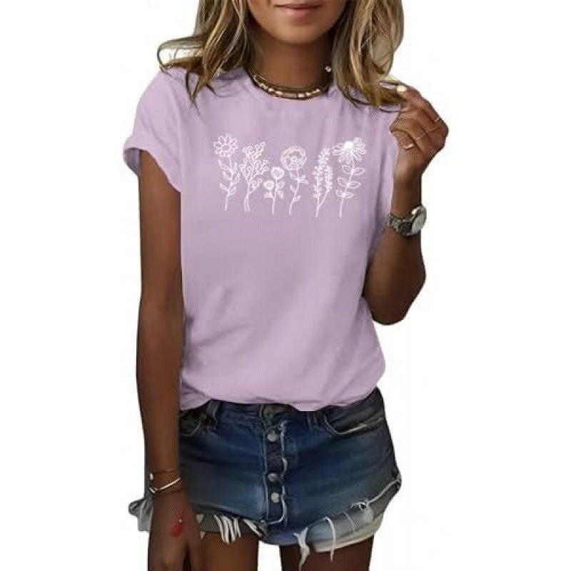 Floral Short Sleeve Round Neck T-shirt