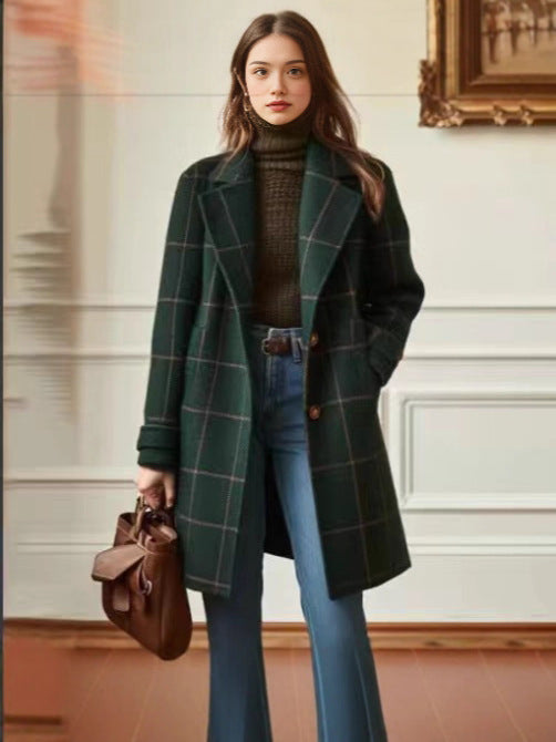 Plaid Wool Blend Long Coat for Women
