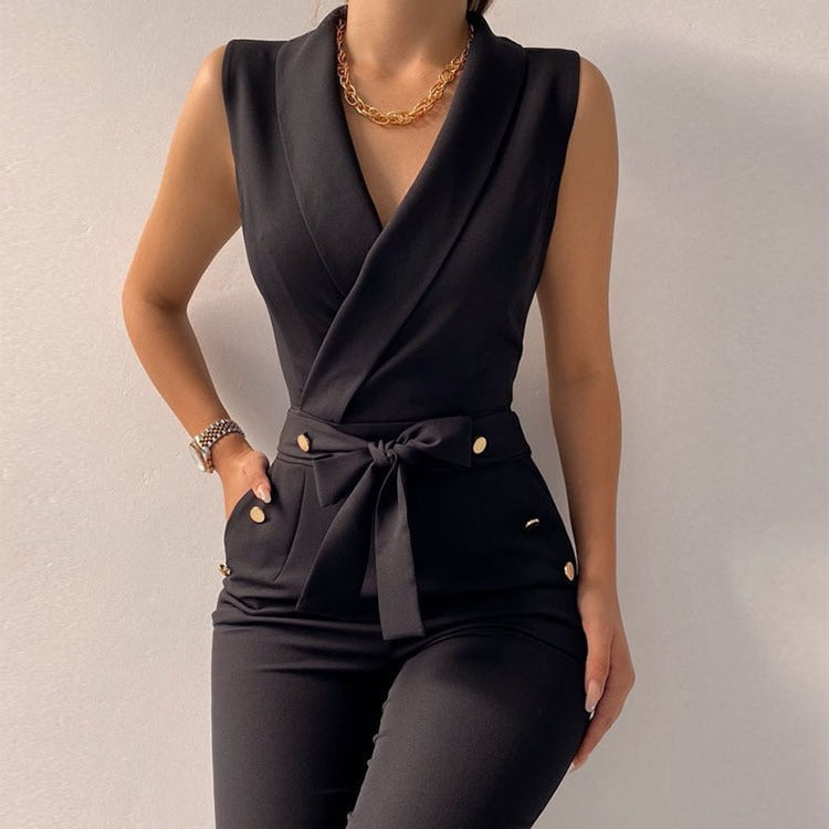 V-neck sleeveless one-piece work pants