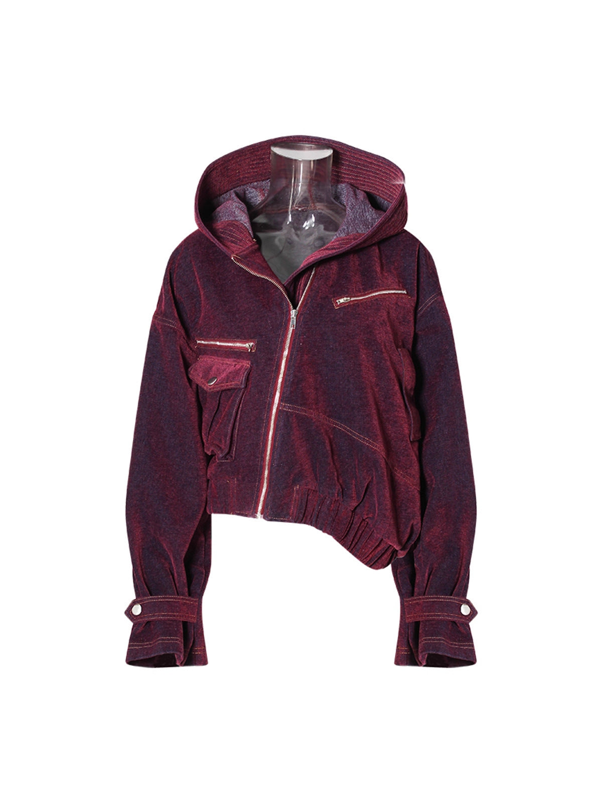 Maroon hooded jacket on a mannequin against a white background