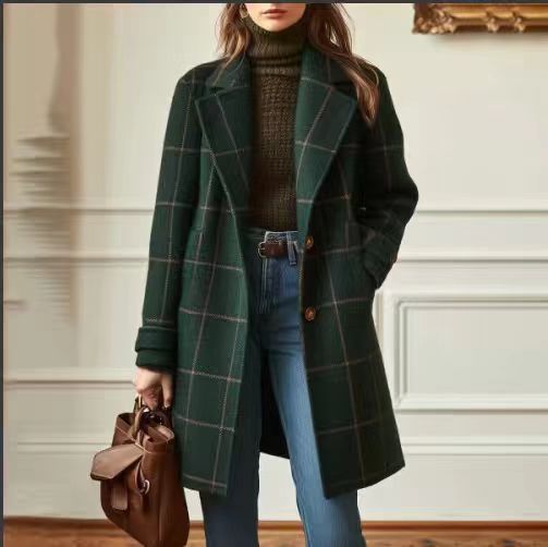 Plaid Wool Blend Long Coat for Women