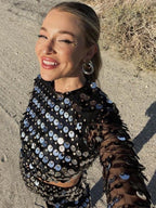 Long Sleeve Hollow Sequin Party Dress