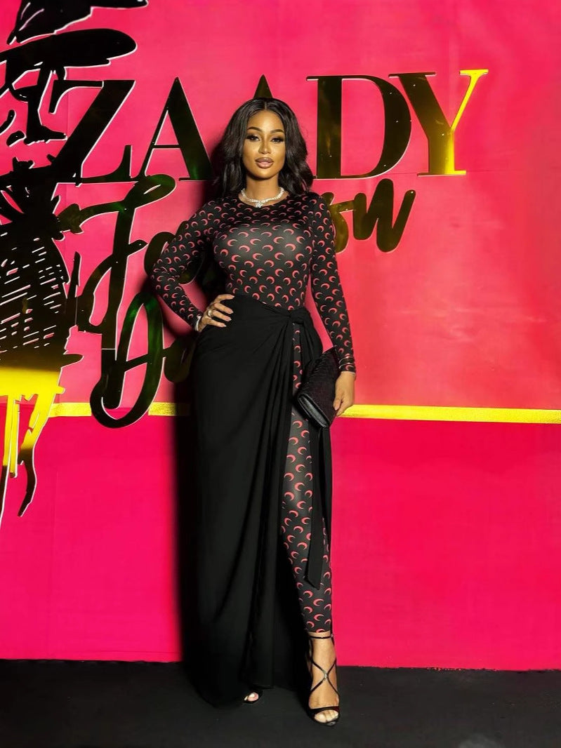 Fashion Moon Print Stretch Slim Fit Women Top and Trousers Set