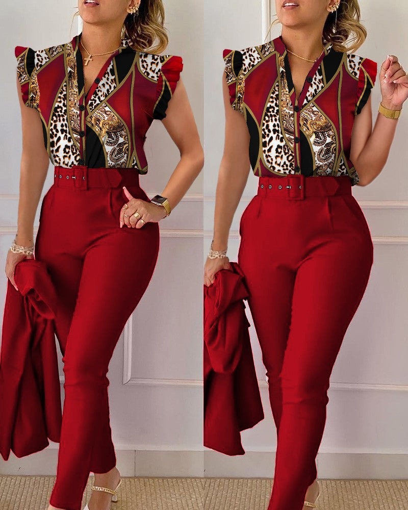 Casual Lotus Sleeve Vest Two-Piece Set