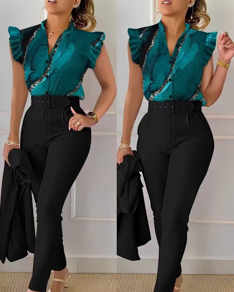 Casual Lotus Sleeve Vest Two-Piece Set