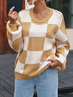 Grid pattern round-neck loose sweater