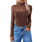 Solid-color round-neck mesh fabric see-through top