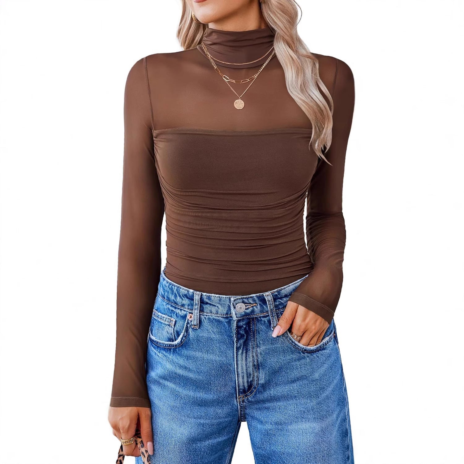 Solid-color round-neck mesh fabric see-through top