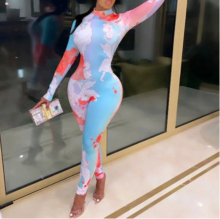 Tie Dyed Long Sleeve Tight Jumpsuit