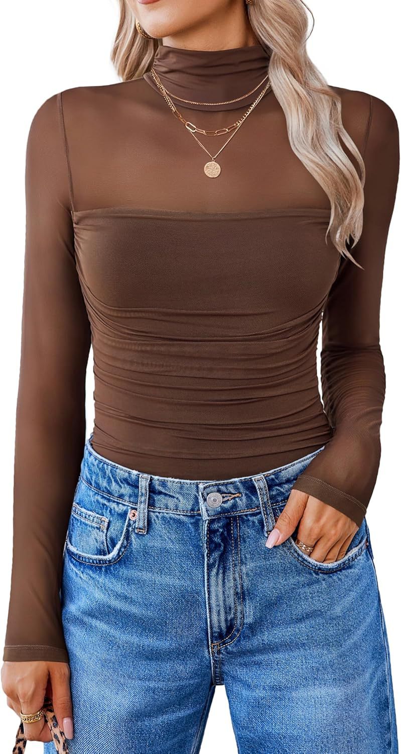 Solid-color round-neck mesh fabric see-through top