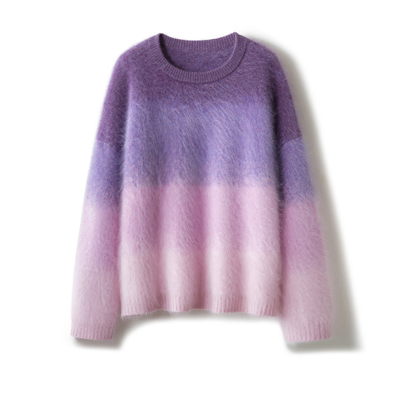 Goat hair round-neck gradient sweater