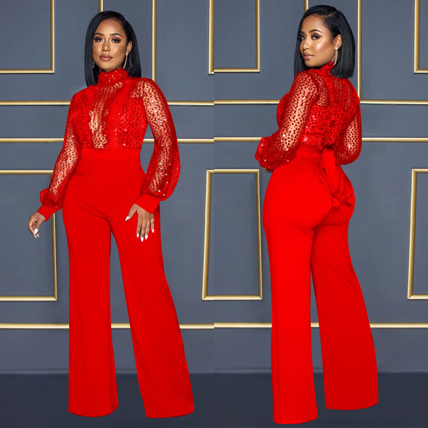 Hollow See-Through Long-Sleeved Jumpsuit