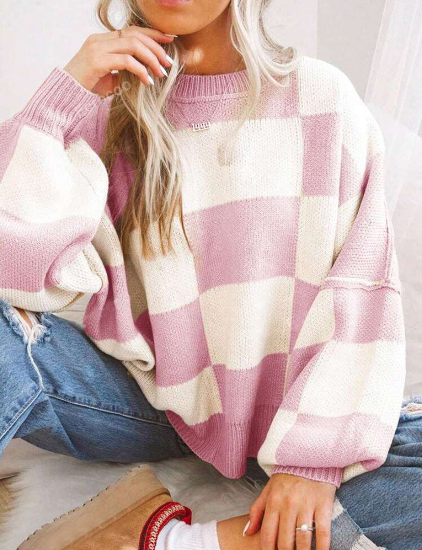 Grid pattern round-neck loose sweater