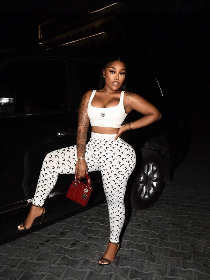 Fashion Moon Print Stretch Slim Fit Women Top and Trousers Set