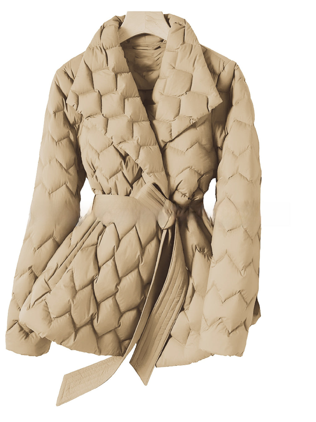 Beige quilted jacket with a belt on a white background