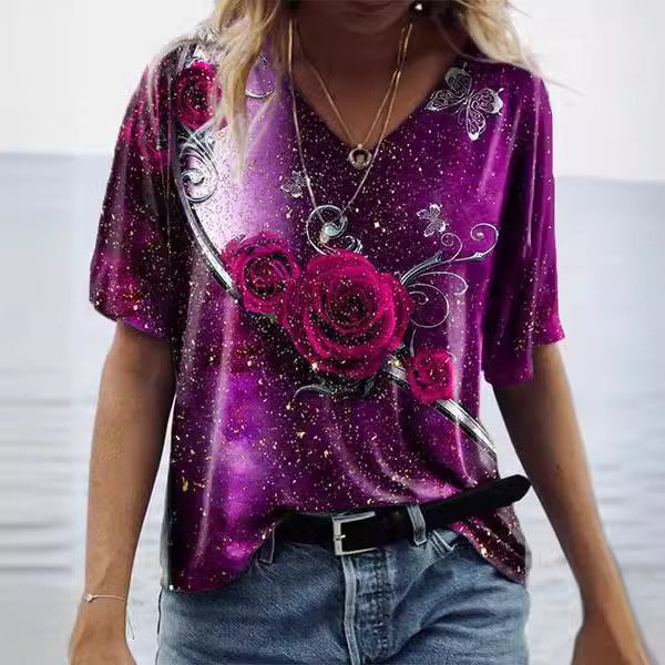 Casual V-neck print short-sleeved women's T-shirt