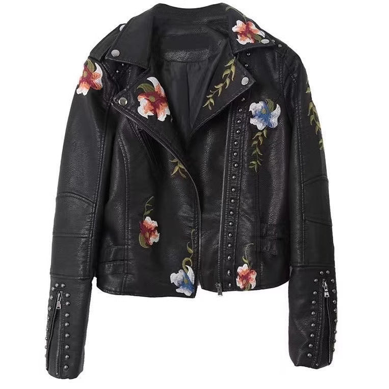 Black leather jacket with floral embroidery on a white background