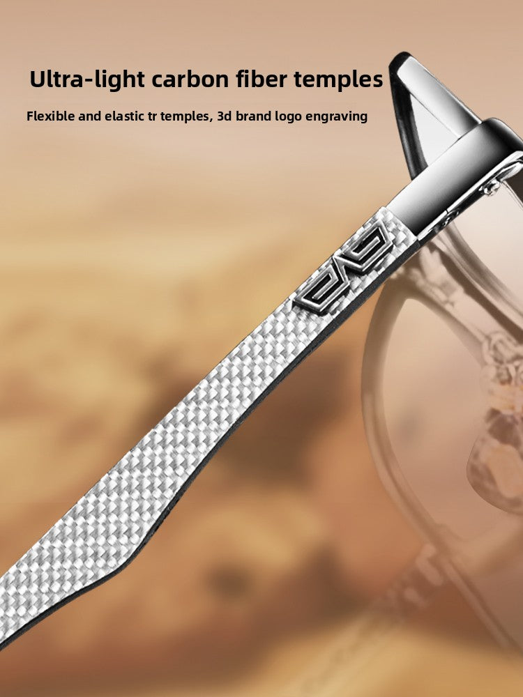 Ultra-light carbon fiber temple of a pair of sunglasses with brand logo engraving on a blurred background.