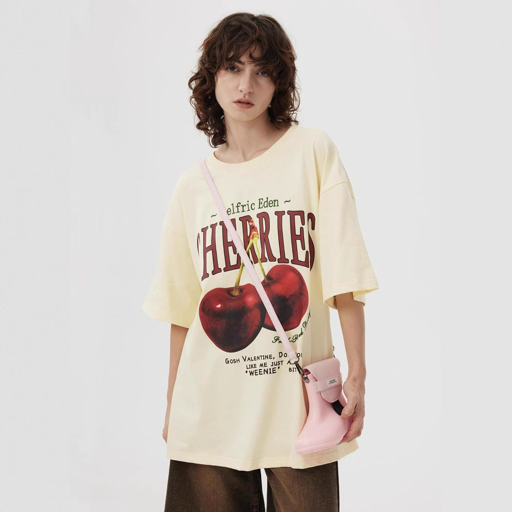 Cherry-printed T-shirt, casual summer short-sleeved shirt