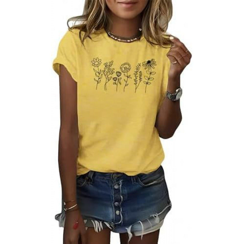 Floral Short Sleeve Round Neck T-shirt