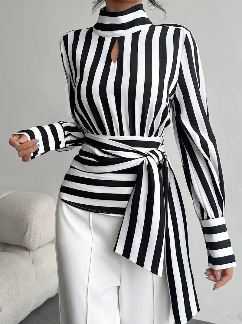 Womens Striped Scarf Collar Blouse